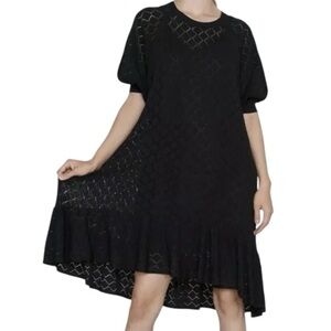 Zara Open Knit Whimsy Romantic Goth Black Puff SleevesRuffled Hem Midi Dress Med